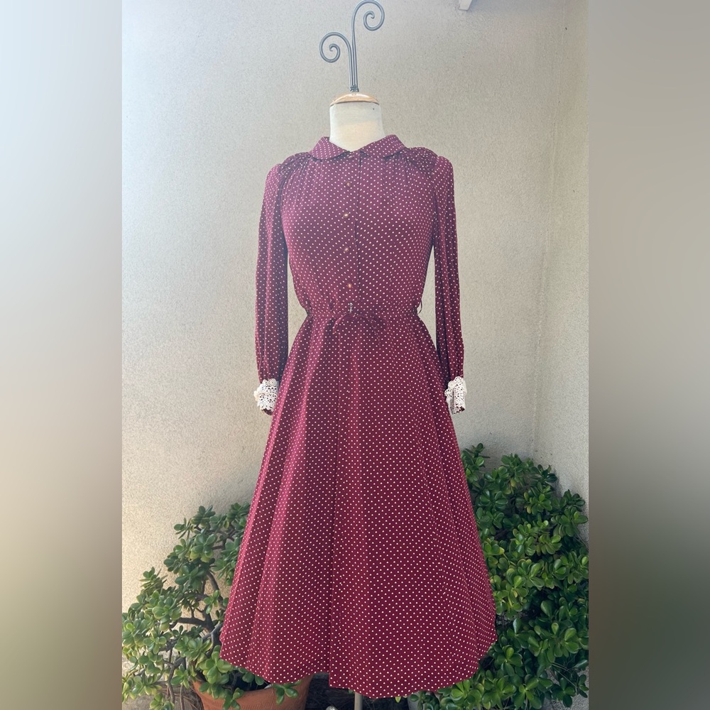 Preppy chiffon midi dress burgundy with white hearts Custom made Sz XS/S